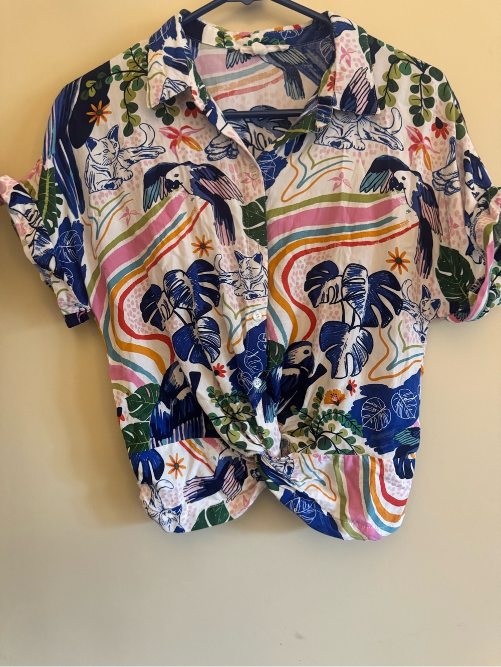 Tropical Print Tie-Front Blouse - Multicolor